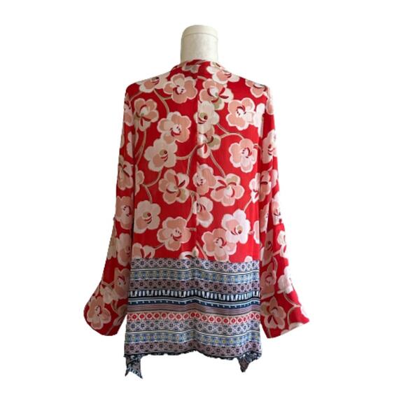 Rafaella Blouse Red Floral Tie Front Rolled Tab Sleeve Blouse Top Medium NEW - Picture 5 of 15